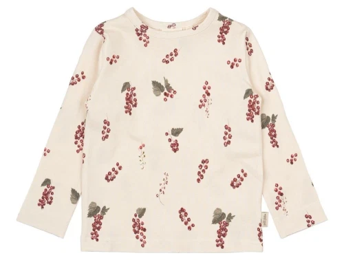 Råhvid bluse fra Petit Piao med print af røde sommer ribs PP203 berry